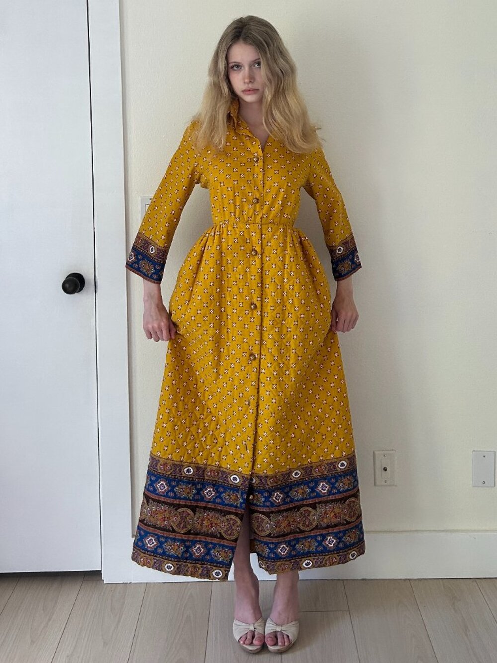 70s Quilted Maxi Dress (M) medium yellow vintage retro maximalist cottagecore